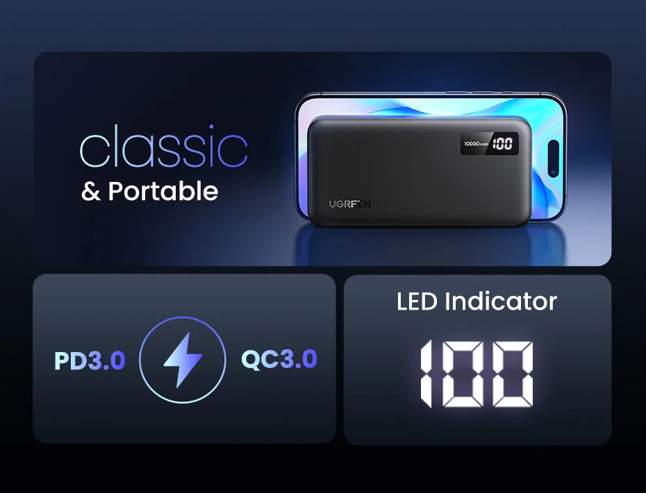 Power Bank de 10000mAh NEXODE | 22.5W | USB-A | USB-C | Indicador Led | Tecnología de Carga Rápida | Ultra Delgado | Ultra ligero