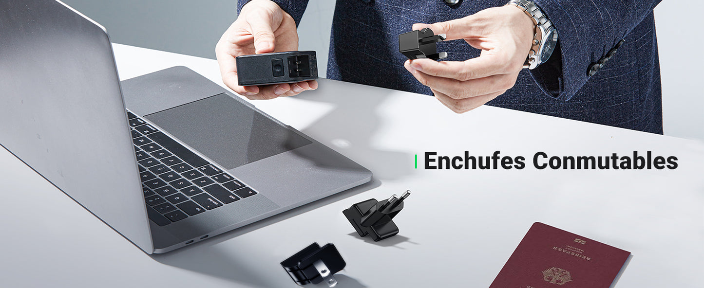 Cargador Universal de Viaje 65W | Contiene 3 Enchufes Internacionales (EU/UK/US) | Serie Nexode | 3 Puertos de Carga Rápida | 2 USB-C | 1 USB-A